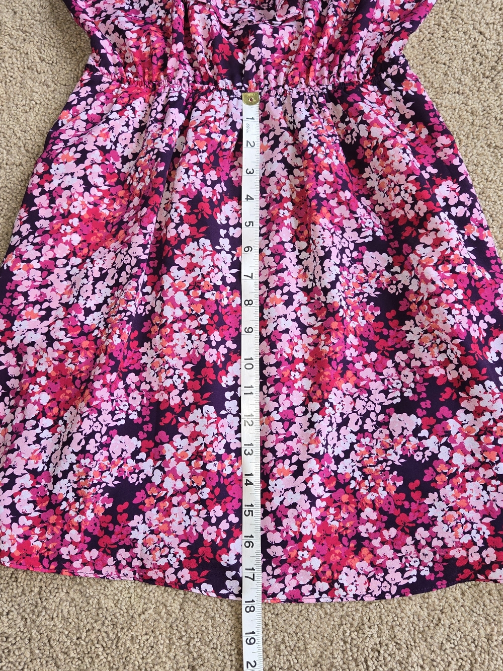 EXPRESS Floral Ruffle Neck Dress Pink Purple Elastic Waist Pockets Medium - Picture 5 of 8